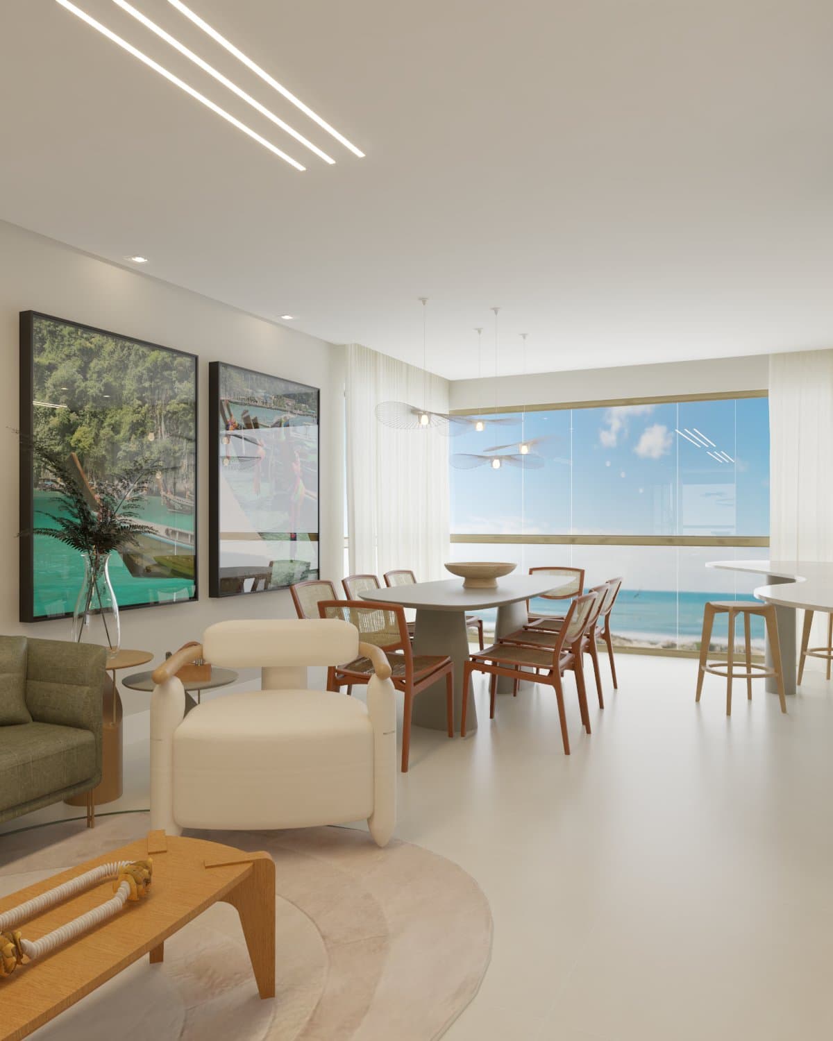 Sala de jantar e cozinha do apartamento Galícia com grande janela voltada para o mar