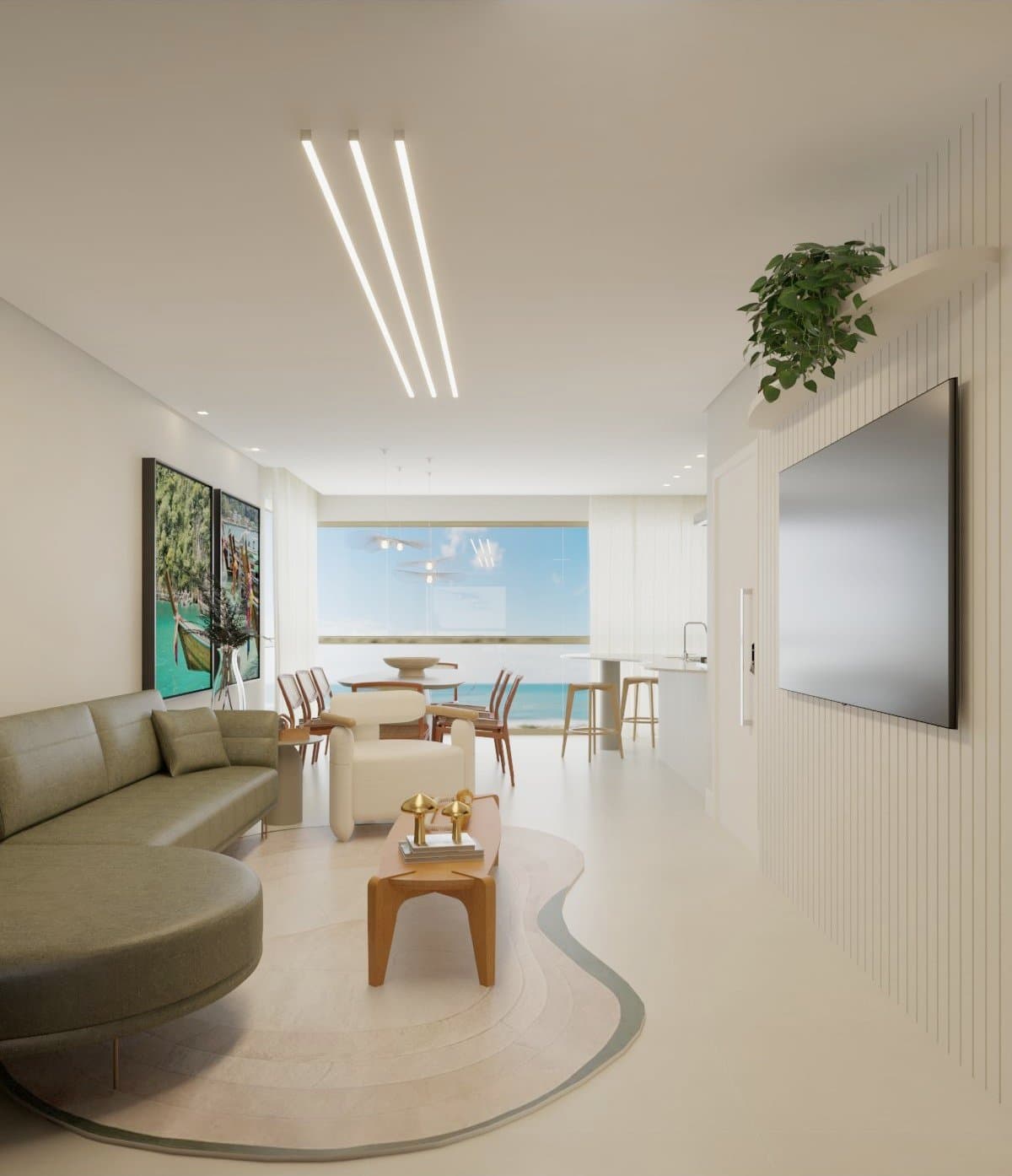 Living integrado do apartamento Galícia com sofá, sala de jantar e vista para o mar