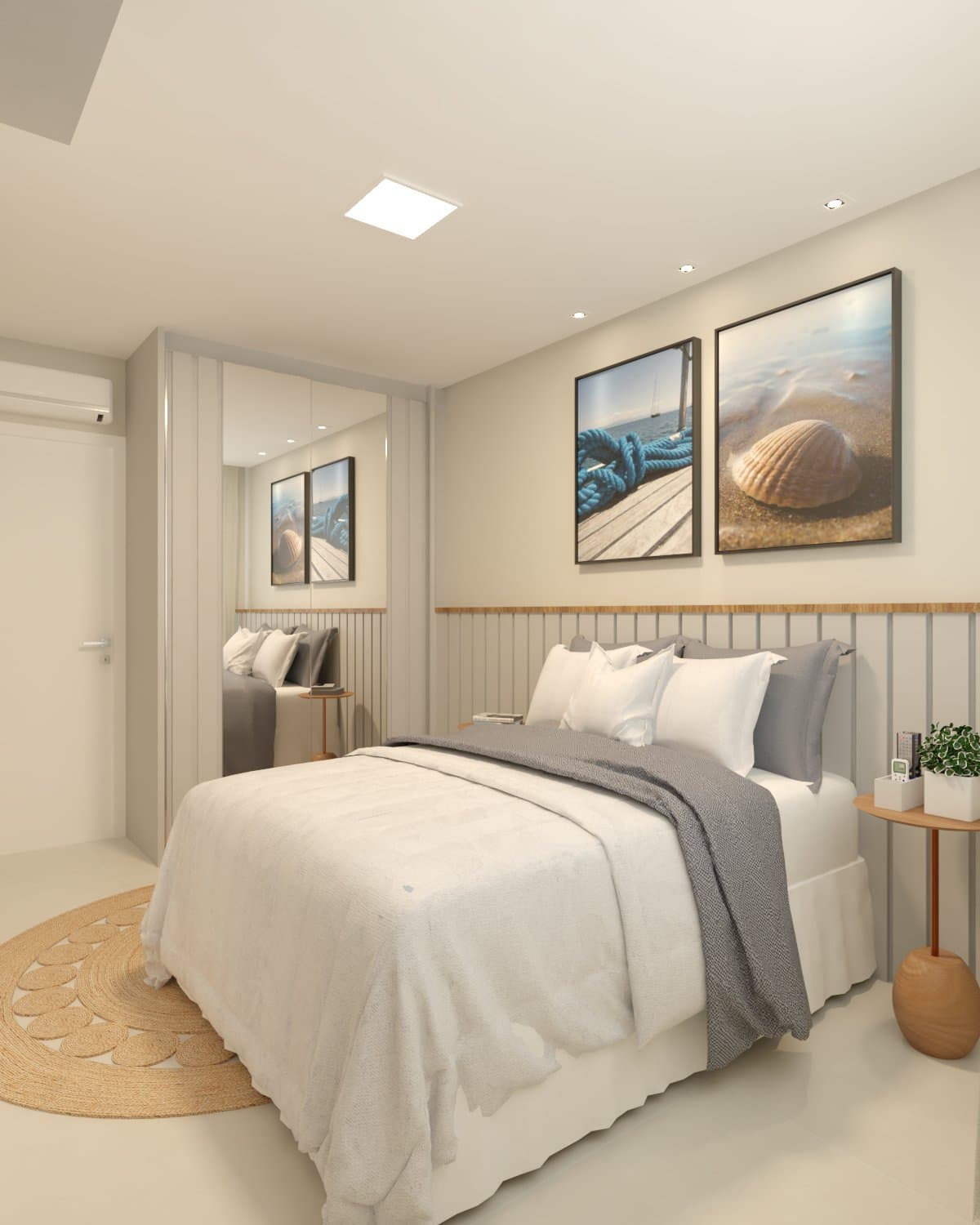 Suíte do apartamento Galícia com decoração costeira e acabamento premium