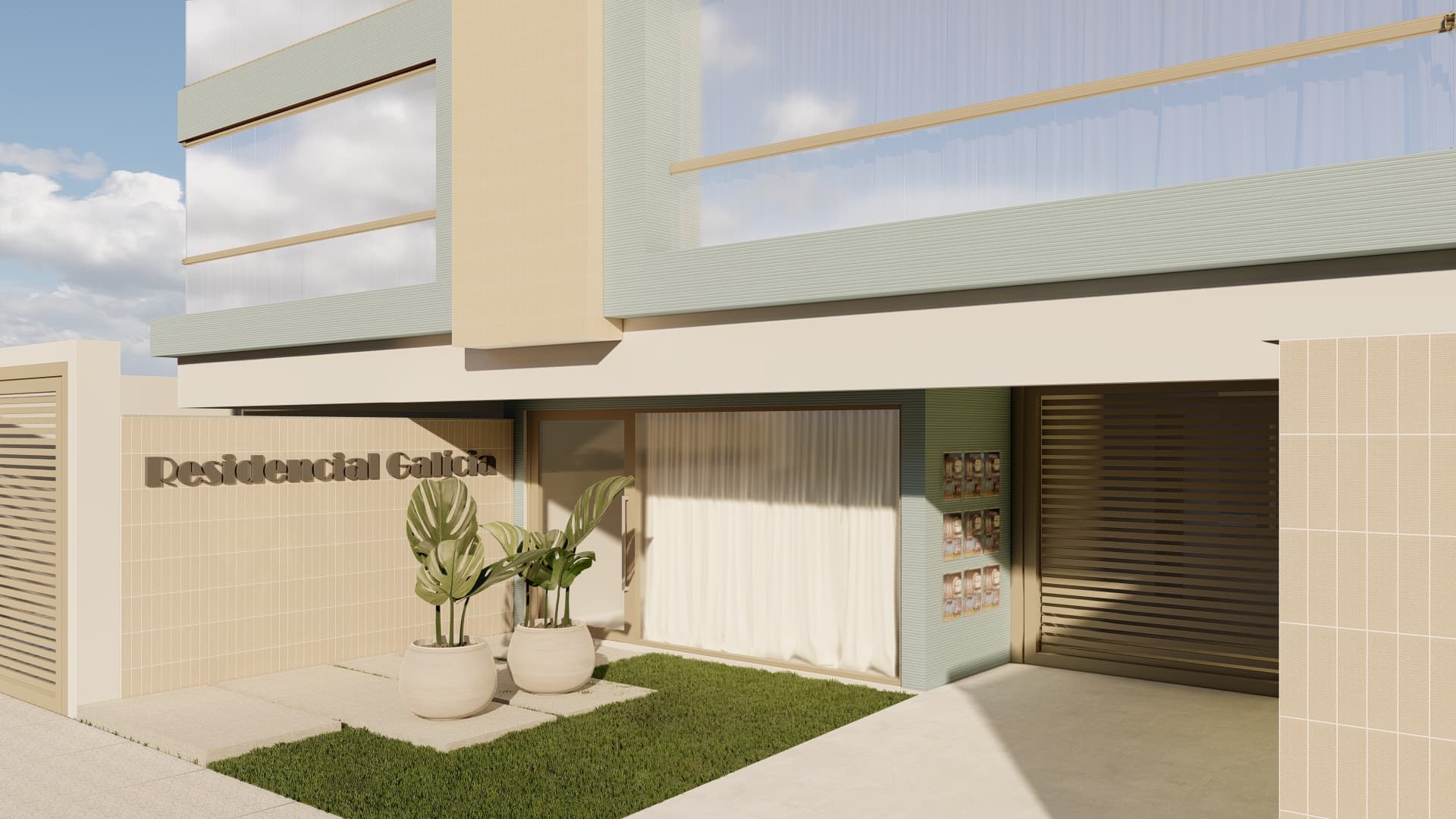 Entrada do Residencial Galícia com paisagismo e revestimento em tons de areia