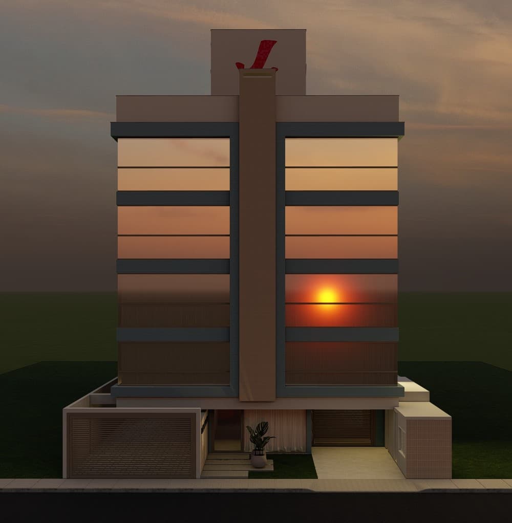 Fachada do Residencial Galícia ao entardecer com o reflexo do sol